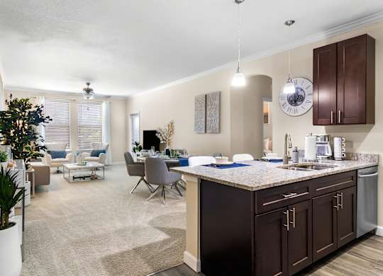 A modern kitchen with dark brown cabinets and a large island.