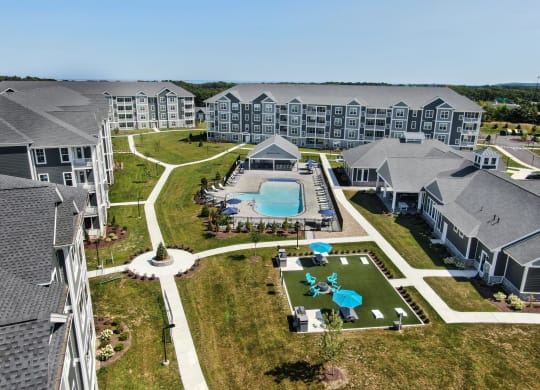 an aerial view of the resort with a swimming pool at The Oasis at Plymouth, Plymouth, Massachusetts