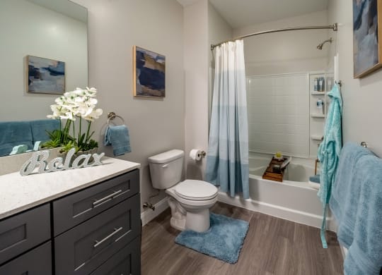 a bathroom with a shower and a toilet and a sink at The Oasis at Plymouth, Plymouth, MA