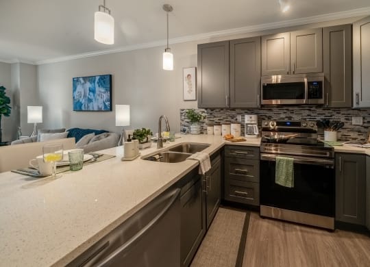 view of kitchen and living room at the reserve at walnut creek apartments at Plymouth, Plymouth, MA, 02360