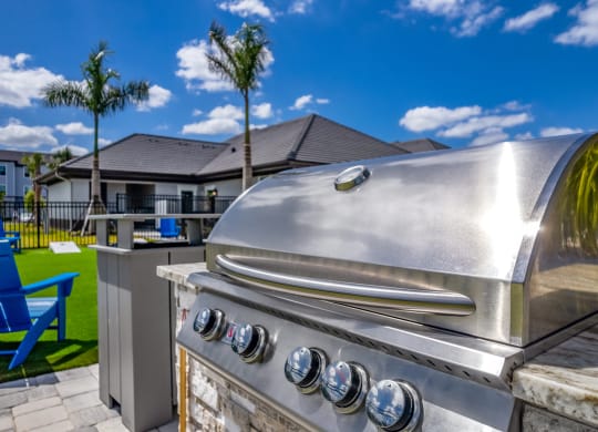 a stainless steel barbecue grill with a palm tree in the background at The Oasis at Manatee River, Bradenton, FL, 34211