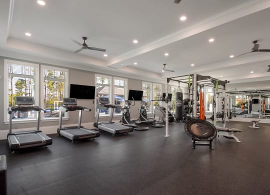 a large fitness room with cardio equipment and windows  at The Oasis at Manatee River, Bradenton