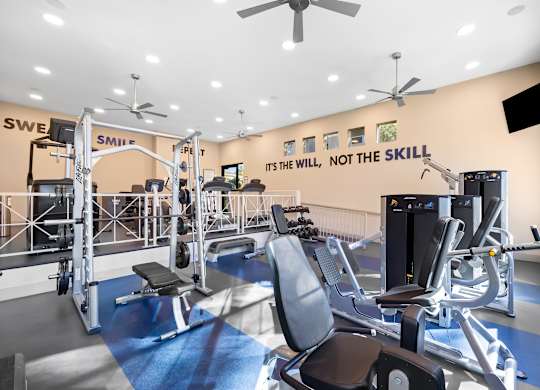 A gym with a variety of equipment including a squat rack, leg press machine, and a bench press.