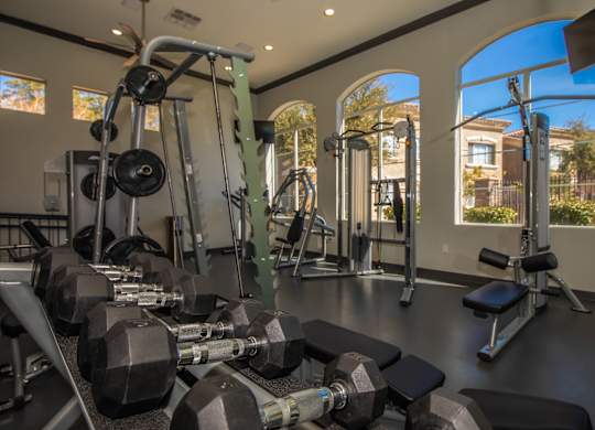A gym with a variety of equipment including dumbbells, weight machines, and benches.