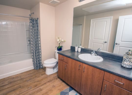 a bathroom with a sink toilet and a shower at Loreto & Palacio Apartments, Las Vegas
