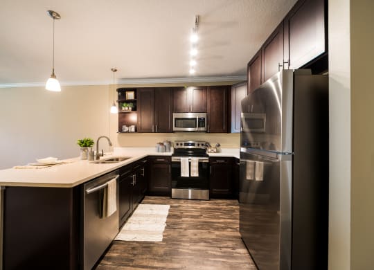 a kitchen with stainless steel appliances and wooden cabinets at The Oasis at Highwoods Preserve, Tampa, FL, 33647