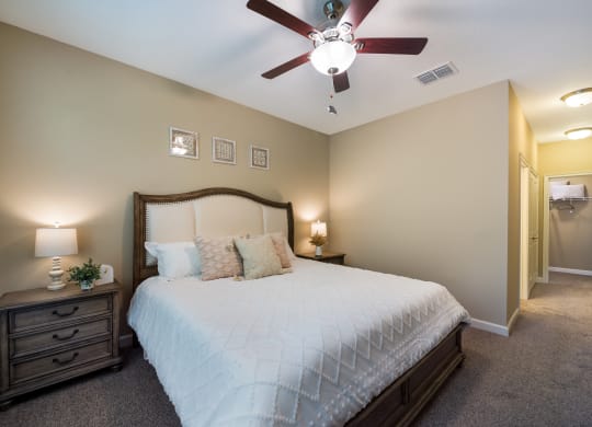 a bedroom with a large bed and a ceiling fan at The Oasis at Highwoods Preserve, Tampa, FL