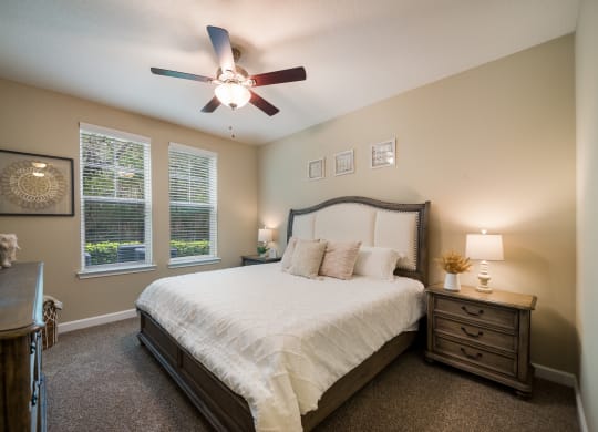 a bedroom with a large bed and a ceiling fan at The Oasis at Highwoods Preserve, Florida, 33647