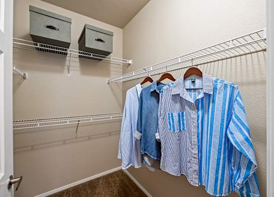 A striped shirt is hanging on a rack in a closet.