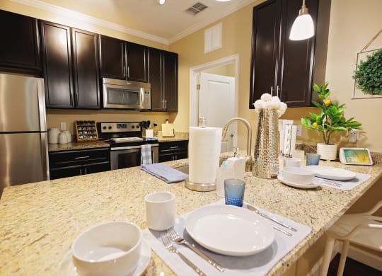 a kitchen with stainless steel appliances and granite counter tops at The Oasis at Moss Park, Florida, 32832