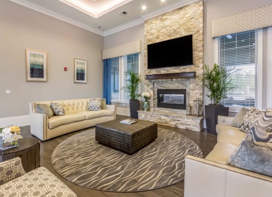 Clubroom With Fireplace And TV at The Oasis at Highwoods Preserve, Tampa, FL
