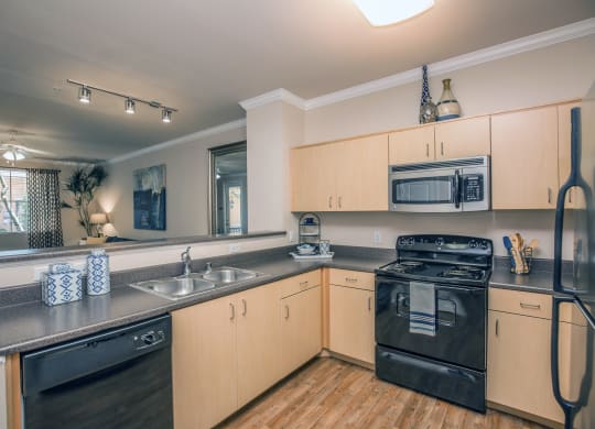 Light wood kitchen with black appliances at Loreto & Palacio Apartments, Las Vegas, NV