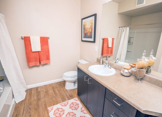 a bathroom with a sink and a toilet and a shower at Loreto & Palacio Apartments, Nevada 89149