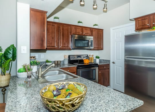 Wooden cabinets and appliances in kitchen at The Equestrian by Picerne, Henderson, NV