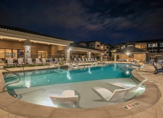 Pool side patio and building view at Level 25 at Sunset by Picerne, Las Vegas, Nevada