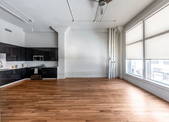 Mid Elm Lofts kitchen and living area in Dallas, TX