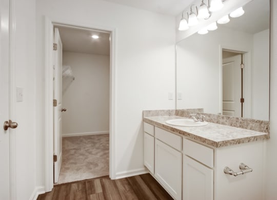 Elegant bathroom with attached closet in master bedroom at Beacon at Arbours in Ruskin, FL
