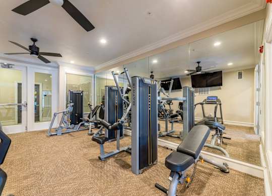 Cable weight equipment at the fitness center at Encore at Buckingham apartments in Richardson, TX