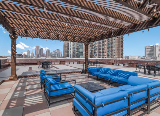 a view of the skyline from the roof deck