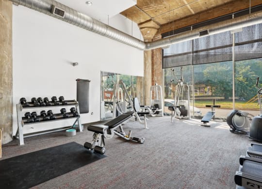 Adam Hats fitness center with free weights and cable weight equipment with large windows | Adam Hats Lofts from Deep Ellum Lofts in Dallas, TX