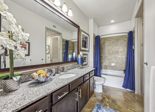 Spacious bathroom with a large mirror and ample counter space at Allusion at West University apartments in Houston, TX