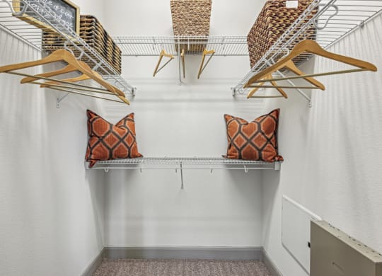 Walk-in closet with ample shelving and storage space at Allusion at West University apartments in Houston, TX
