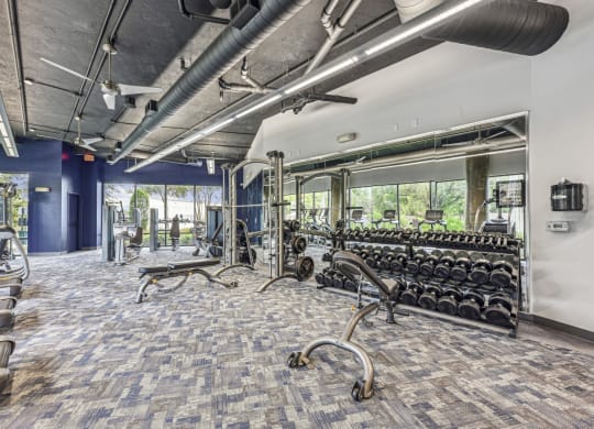 Well-equipped fitness center with cardio machines and weightlifting equipment at Allusion at West University apartments in Houston, TX