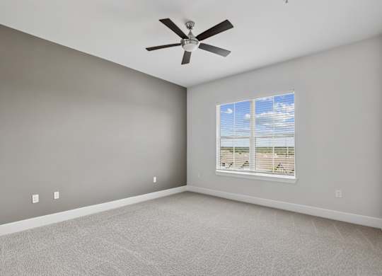 A carpeted bedroom from the C1 floorplan with a ceiling fan, gray walls, and a window at Alastair at Aria Village Apartments in Sandy Springs, GA