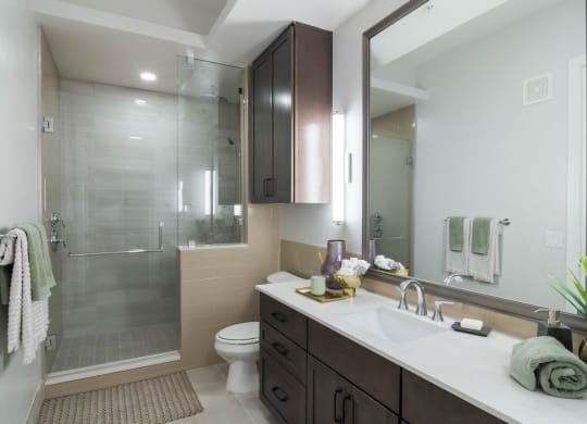 Walk-In Showers With Built-In Bench And Glass Enclosure at The Alastair at Aria Village, Sandy Springs, Georgia