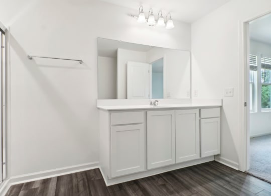 White sink vanity with a large mirror in the master bathroom at Beacon at Ashley River Landing in Summerville, SC