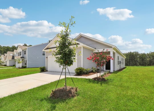 Front entrance and driveway of a single-story house with well-maintained lawn at Beacon at Ashley River Landing in Summerville, SC