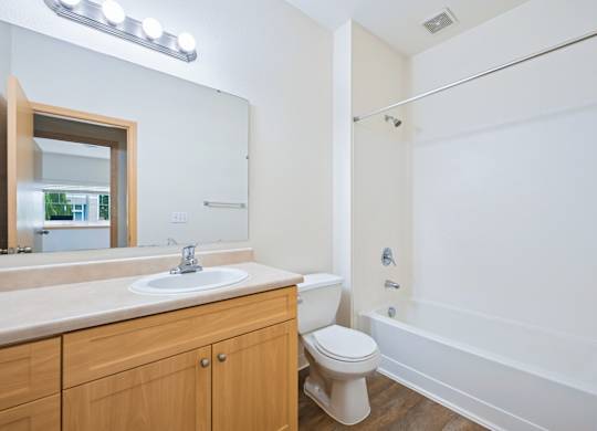 Soho bathroom with a vanity sink, toilet, and bathtub at Abbey Rowe Apartments in Olympia, WA
