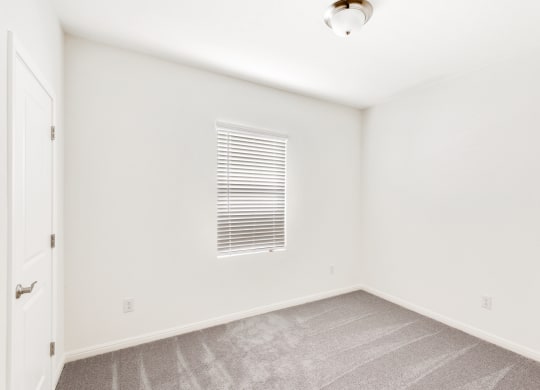 a bedroom with white walls and carpet