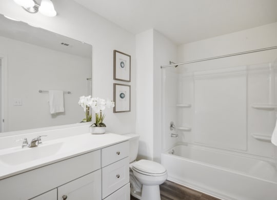 a bathroom with a white sink and toilet next to a white bathtub at Beacon at Bunton Creek, Texas, 78640