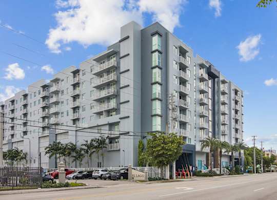 A modern apartment building with lush palm trees and a blue sky in the background at Blue Lagoon 7 Apartments in Miami, FL