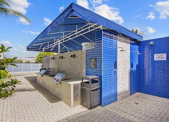 Grilling station with bbq grills and a showerhead at Blue Lagoon 7 apartments in Miami FL
