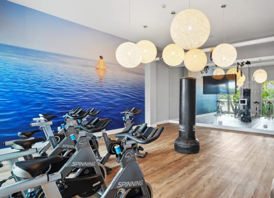a gym with exercise bikes and a large mural of a woman on a surfboard