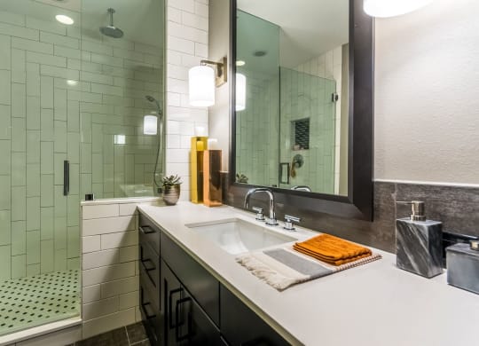 Large apartment bathroom with mirror at The Case Building in Dallas, TX