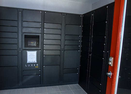 Set of lockers from Luxer One for packages at Chisholm Place Apartments in Plano, TX