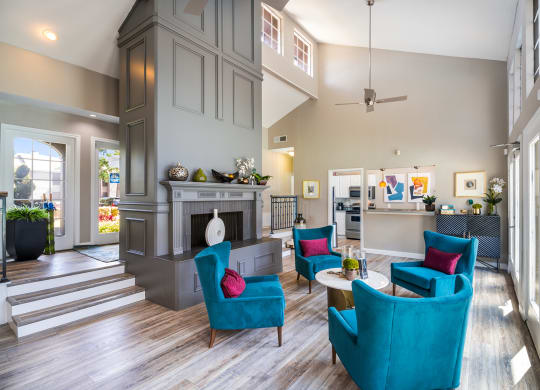 Leasing Office Interior Fireplace at Noel on the Parkway Apartments in Dallas, Texas, TX