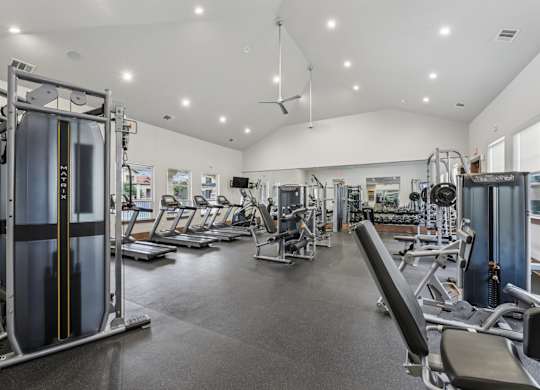 A gym with a variety of equipment including treadmills, weights, and exercise machines at Creekside on Parmer Lane Apartments in Austin, TX
