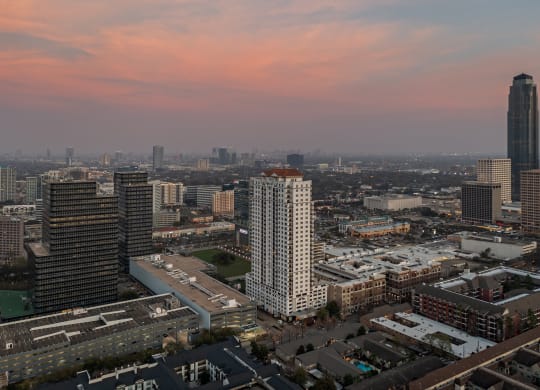 an aerial view of Dominion Post Oak at sunset in Houston, TX