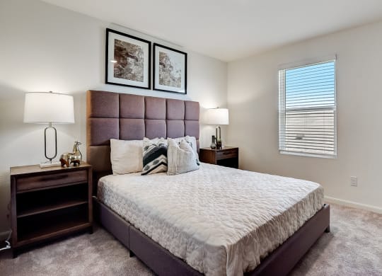 a bedroom with a large bed and a window