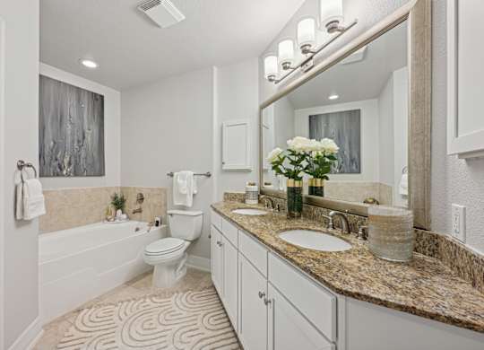 Model master bathroom with a toilet, sink, and a large mirror at Dominion Post Oak apartments in Houston, TX