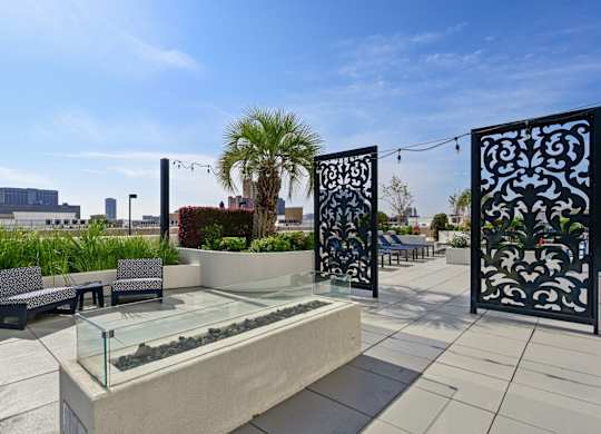 Rooftop patio with palm trees and a firepit at Dominion Post Oak apartments in Houston, TX