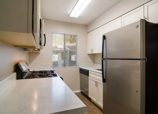 kitchen with marble countertop and a fridge at Dunwoody Pointe in Sandy Springs, GA
