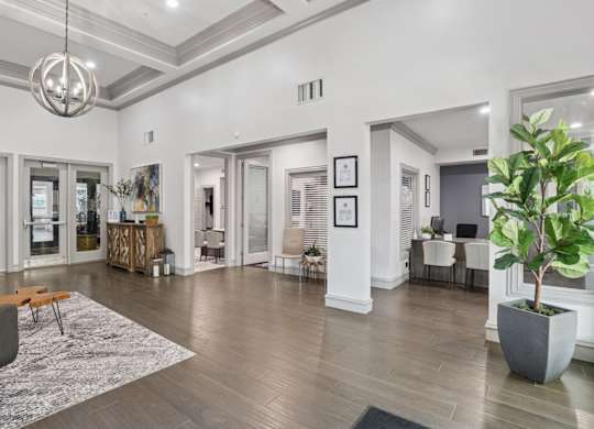A leasing office with a grey sofa and a large rug at Encore at Buckingham Apartments in Richardson, TX