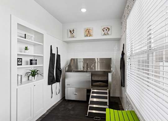 A kitchen with a white color scheme and a green bench.