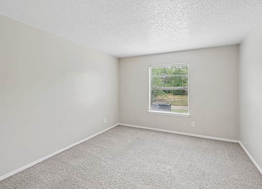 A room with a window showing a view of a road and trees.