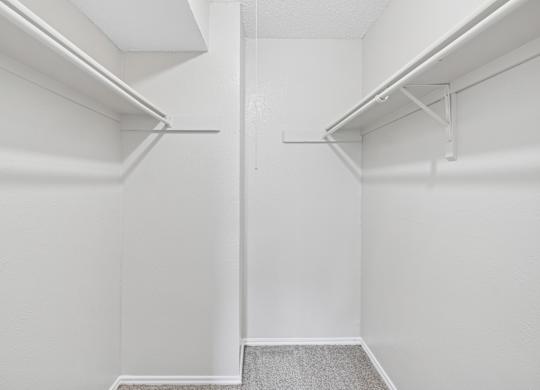 A white closet with a grey carpet.